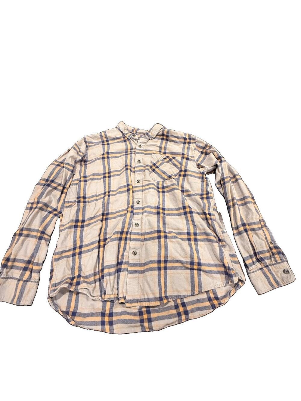 Magellan Outdoors Mens XL Gray Blue Tan Plaid Flannel Shirt Classic Fit